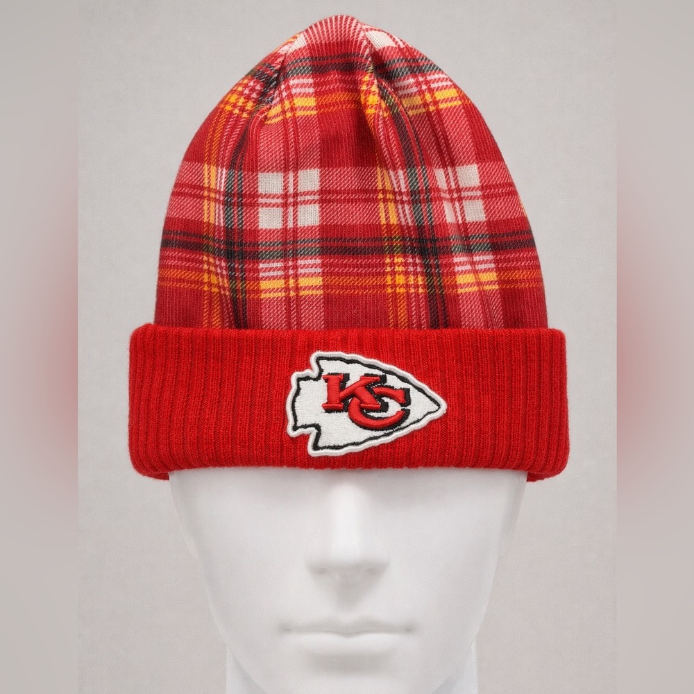 New Era NFL Kansas City Chiefs Knit Red Plaid Beanie Hat One Size Fleece Lined